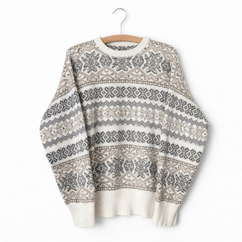 CLAIBORNE | Cream & Brown Patterned Crewneck Sweater – Women’s Medium